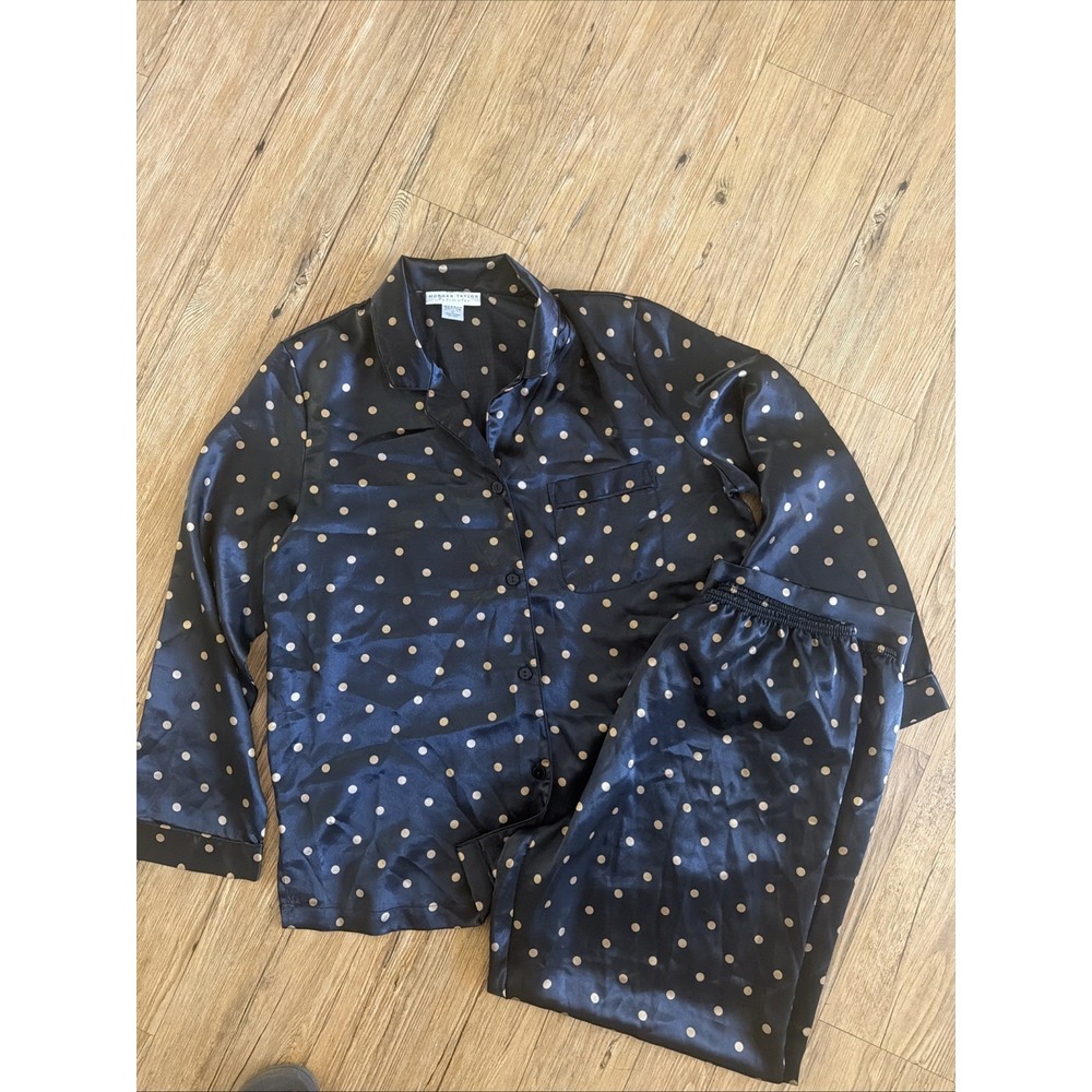 morgan taylor intimates Pajama Set Pants & Top Black Gold Polka Dots Size M